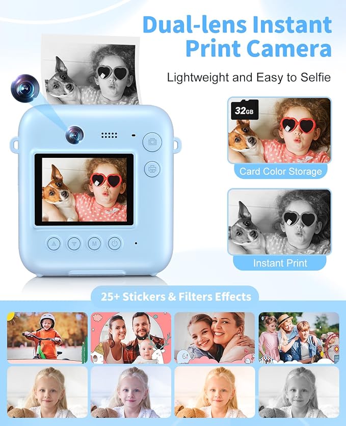 Digital Camera for Kids Instant Print, 48MP Dual-Lens Kids Camera for Girls