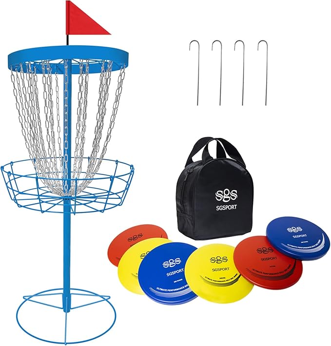 Disc Golf Basket - Portable Disc Golf Target with Heavy Duty 24-Chains Come with 6pcs Disc Golf Discs and Carry Bag, Ground Stake -Suitable for Players of All Levels - Multi Color Available