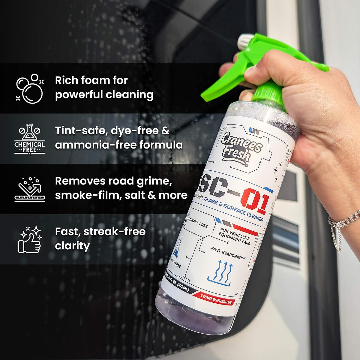Glass & Surface Cleaner Spray, Streak-Free, Ammonia-Free, Tint Safe, Made in USA Car, Home, Shower Glass, Mirror & Multi-Surface Cleaner with Leak-Resistant Sprayer (16oz) | Streak Free Window Cleaner, Ammonia Free, Tint Safe, Fast Evaporating Formula