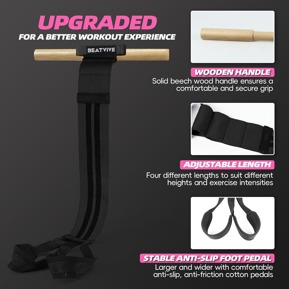 Skiennix Pedal Resistance Bands - Adjustable Manual Tension Fitness Bands with Wood Handles | Multi-Use for Abdomen, Waist, Arms, Legs