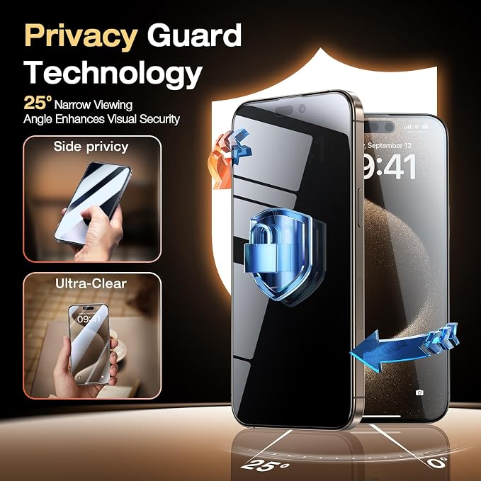 EGV 2 Pack Compatible for iPhone 15 Pro Privacy Screen Protector, 9H+ Military