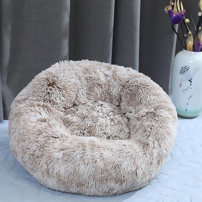 Calming Dog Bed for Small Dogs, Calming Donut Cuddler Pet Bed Anti Anxiety Round Dog Bed Fluffy Plush Faux Fur Cat Bed,Khaki,31.5IN
