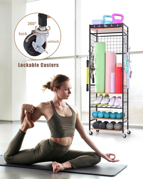 Mythinglogic Yoga Mat Storage Rack, Workout Equipment Organizer for Home Gym, Weight Rack for Dumbbells Kettlebells and Strength Training Equipment