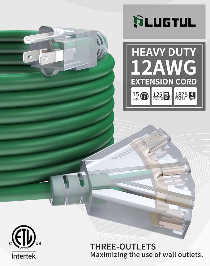 15Ft 12/3 Outdoor Extension Cord with 3-Outlets, Heavy Duty 12 Gauge 3 Prong Extension Cord Waterproof with Lighted end, 15A 12AWG 1875W SJTW, ETL Listed - Great for Garage, Garden and Home, Green