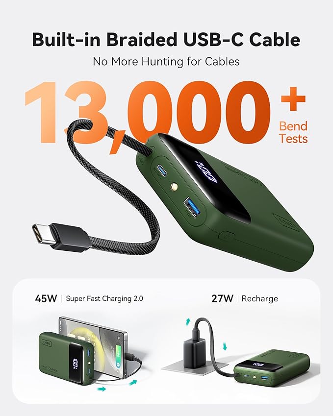 INIU 20000mAh Power Bank, Small Portable Charger, 45W PD Fast Charging Battery Pack with Build in USB-C Cable, Travel Phone Charger for iPhone 17 16 15 14 Air Samsung S25 S24 Google iPad Xiaomi, Green