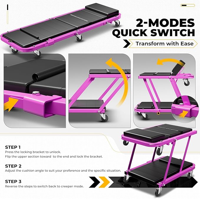Auto Dynasty 48" Z-Creeper Seat, 2-in-1 Foldable Garage Creeper Shop Seat, 330 LBS Capacity Automotive Mechanic Repair Under Car Rolling Creeper Seat, Purple
