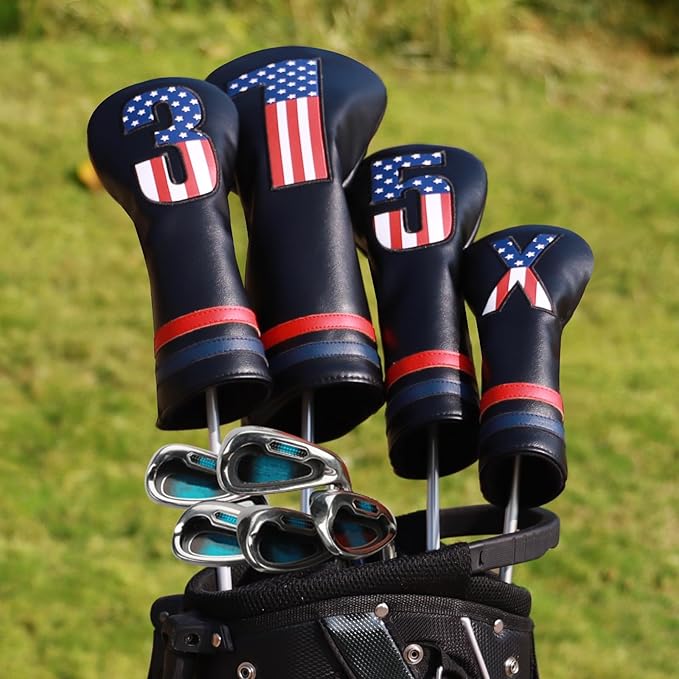 Golf Head Covers, 4pcs or 1pc USA Stars and Stripes Golf Club Covers for Woods and Driver Fairway Hybrid, PU Leather Golf Club Head Covers for Men Women with Interchangeable Tags, Fits Most Golf Clubs