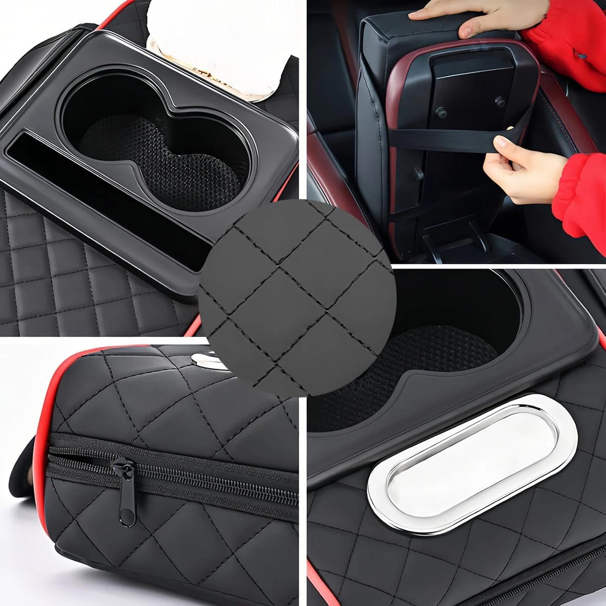 Multifunctional PU Leather Car Armrest Box Mat, 5-in-1 Multifunctional Car Armrest Cushion, Center Console Cover with 2 Cup Holder, For Storing Tissues,Phones,Wallets,Drinks,for Most Cars (Red)