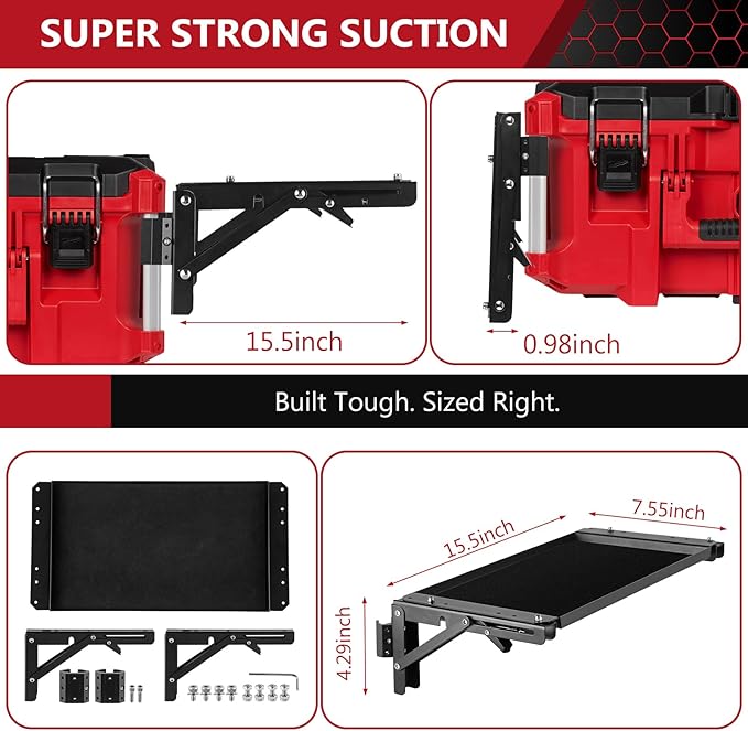 BYERN AUTO Folding Magnetic Side Table Compatible with Milwaukee Packout Toolbox, Heavy-Duty Magnetic Tool Tray with Rail Clips, Rubber-Coated Surface Workbenches, No Drilling Packout Accessories