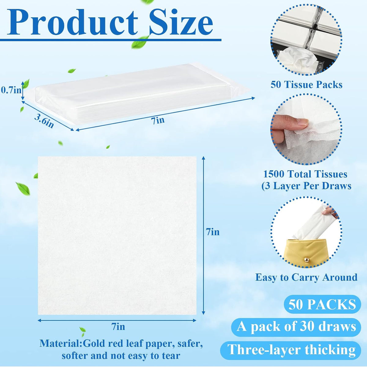 Crtiin 50 Pack Car Tissue Refills 3 Ply Auto Visor Facial Napkin Refills