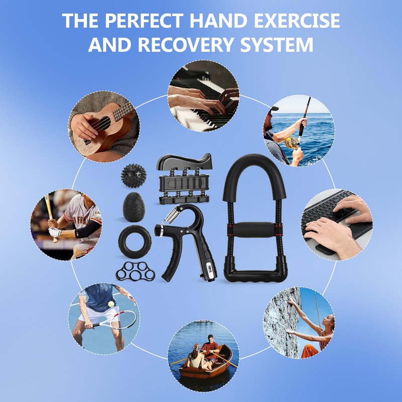 Ultimate Hand Exerciser Set for forearm workout and recovery – includes adjustable grip trainer, wrist strengthener, stress relief ball, and exercise ring. 7-piece kit for improved strength and performance