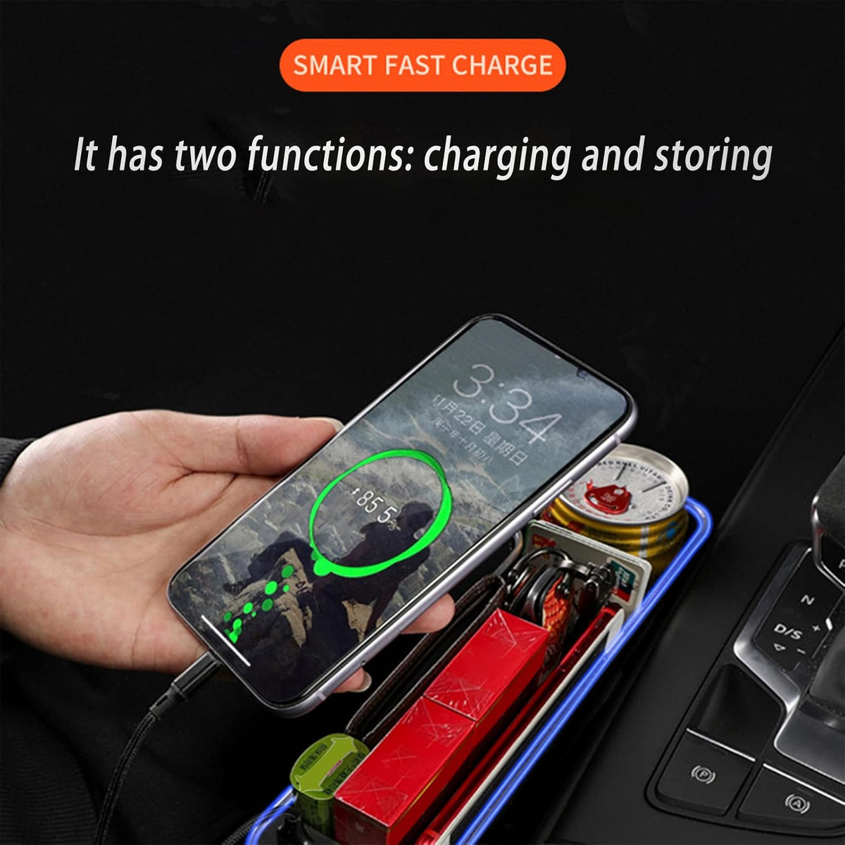 Car Seat Gap Filler Organizer, 2 Pack Multifunctional Car Seat Organizer, 7 Colours Changing LED Car Seat Seam Filler, Auto Console Side Storage Box with Cup Holders (beige)