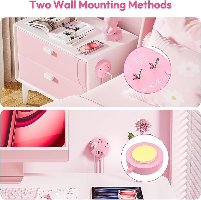 Pink 2 Prong Power Strip with USB C, NTONPOWER Pink Extension Cord 10 FT, 2 Prong to 3 Prong Outlet Adapter, 180° Rotatable Plug, 3 Outlets 4 USB Ports, Non-Grounded Outlets for Vanity Desk, Travel