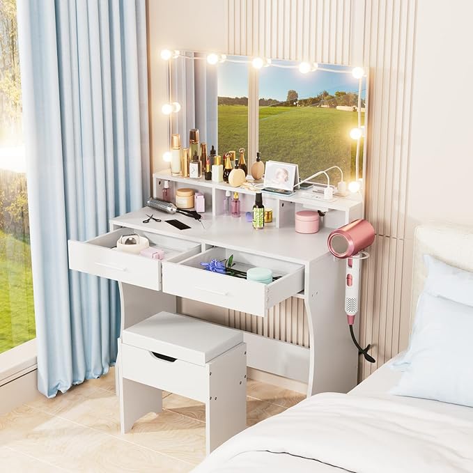 Makeup Vanity with Lighted Mirror & Power Outlet, Makeup Table Vanity Set with 3 Lighting Colors, Brightness Adjustable, White