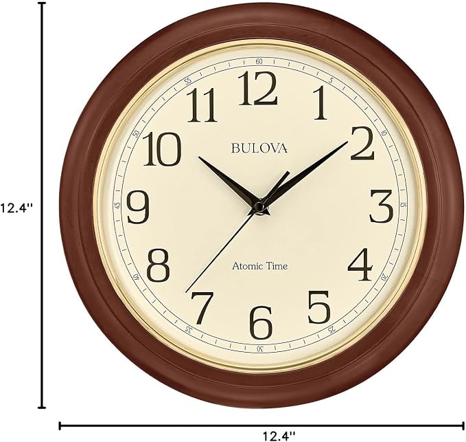 Bulova Atomic Time 2 Analog Wall Clock C5004 | 12.4" Wooden Frame, Sets Time