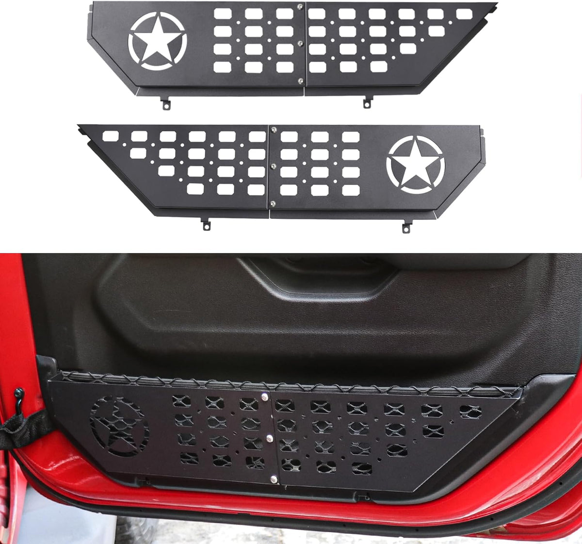 Front Door Storage Pockets Side Insert Organizer Box Compatible with 2018-2024 2025 Jeep Wrangler JL 2/4 Door 4XE Gladiator JT Interior Accessories Cup Holder Expansion Tray 1Pair Metal Star