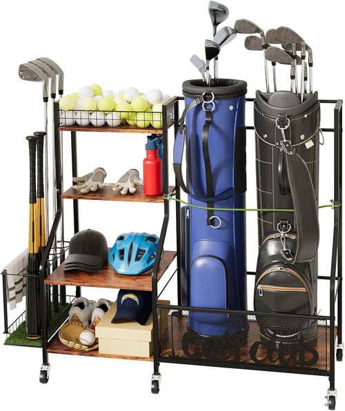 HavenlyYouth Golf Bag Storage Organizer - Fits 2 Bags | 360° Swivel Wheels, Wood Shelves, Anti-Tip Straps