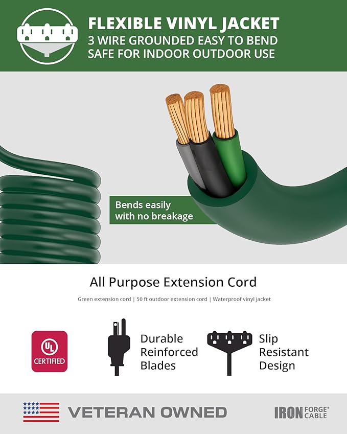 Iron Forge Cable 2 Pack 50ft Green Outdoor Extension Cord with 3 Outlets - 16/3 SJTW 50ft Extension Cord, 13 Amp All-Weather Heavy Duty Power Cable