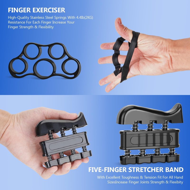 Ultimate Hand Exerciser Set for forearm workout and recovery – includes adjustable grip trainer, wrist strengthener, stress relief ball, and exercise ring. 7-piece kit for improved strength and performance