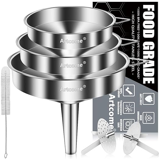 Artcome 3 Pcs Stainless Steel Kitchen Funnel Set, Food Grade 3-in-1 Metal Funnel, Ideal for Transferring of Liquid, Sauce, Jam, Particles & Powder - Dispensing Funnels with Strainers - Dish-Wash Safe
