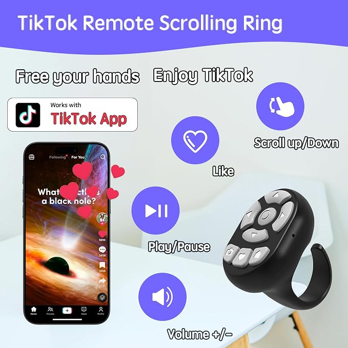 NOVZIX TikTok Scrolling Ring Microphone Remote Control, Fingertip Wireless