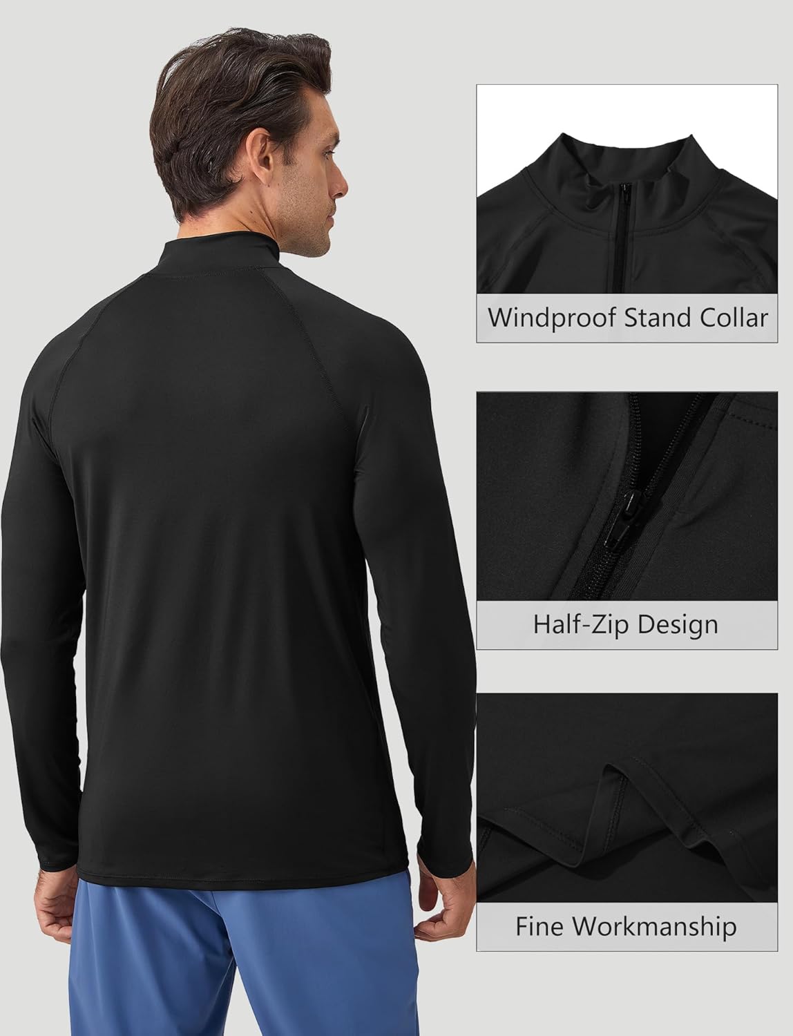 SEAUR Men's Long Sleeve Athletic Shirt - 1/4 Zip Pullover Rash Guard for Running & Fishing - Size S, Black