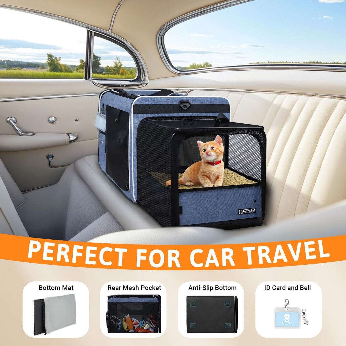 Petskd Side Expandable Extra Large Cat Carrier with Litter Box Area for Long Distance Car Travel,24"x17"x17" Collapsible Soft-Sided Large Pet Carrier with Zipper Locks for 2 Cats Under 55LBS(Blue)