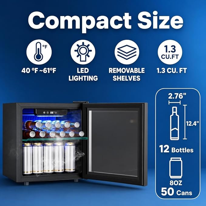 COWSAR Beverage Refrigerator, 50 Cans Wine Cooler, ETL Approved 1.3 Cu.ft Mini Fridge with Glass Door, Adjustable Shelves, Digital Temperature Freestanding Small Drink Fridge for Soda Beer or Wine
