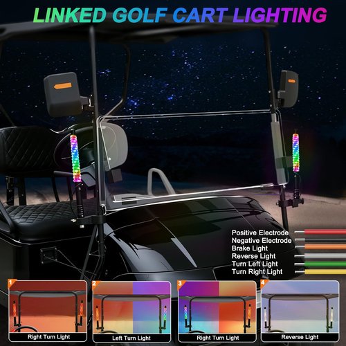 iLSKW 2-Pack 1FT Golf Cart LED Whip Lights Holder, for 0.59-1.18" Rails, APP&Remote Control RGB Whips, with Brake Turn Reverse Signal Function, for 36V 48V 72V Golf Carts (Included DC Converter)