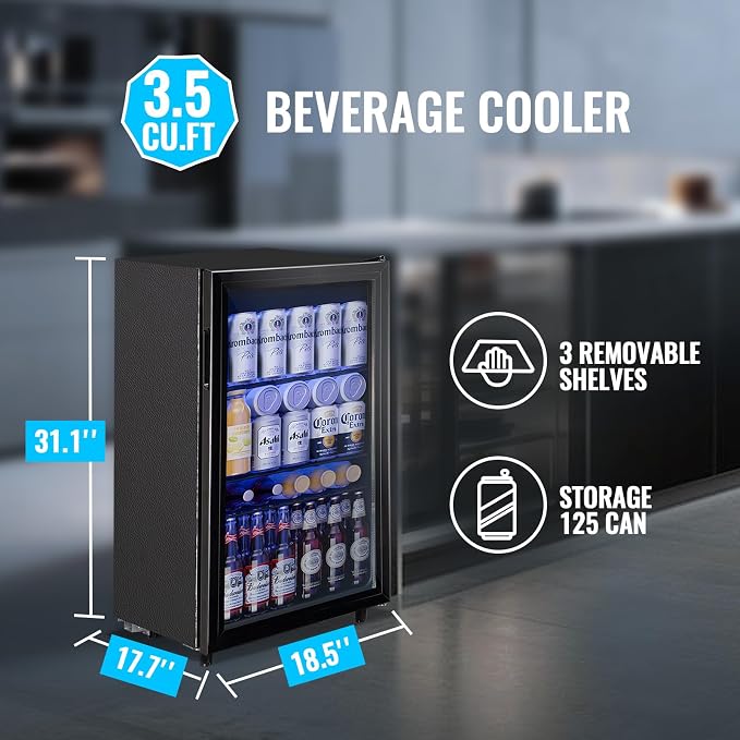 3.5 CU.FT Beverage Fridge Mini Refrigerator Soda Cooler Glass Door Featuring LED Light & Adjustable Shelves,7 Modes Ideal for Apartment, Office, Dorm