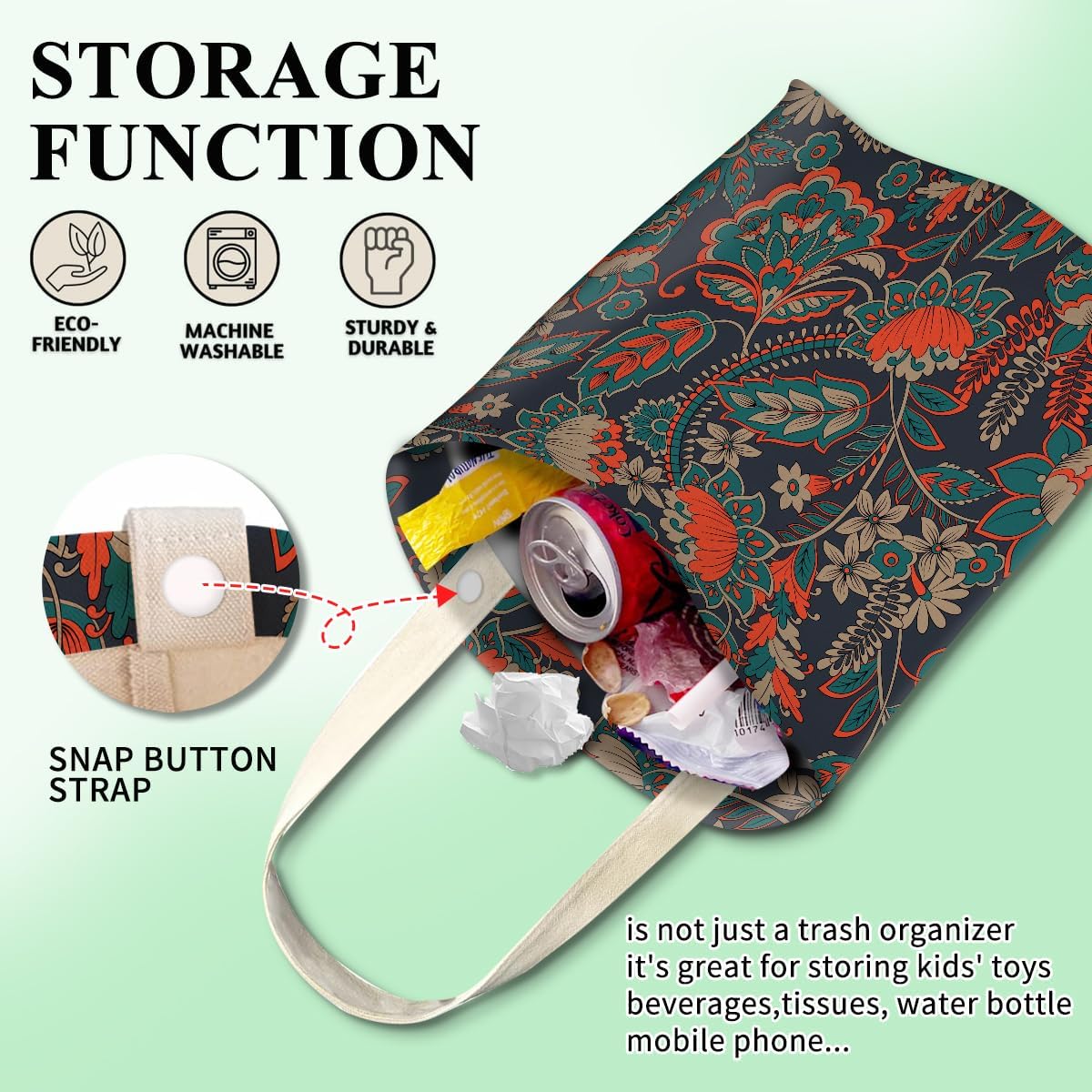 Car Trash Can, Cute Car Trash Bag, Hanging Car Organizer and Storage Bag, Trash Bin for Car Accessories, Vehicle, Travelling, Camping Luxury Paisley Flowers