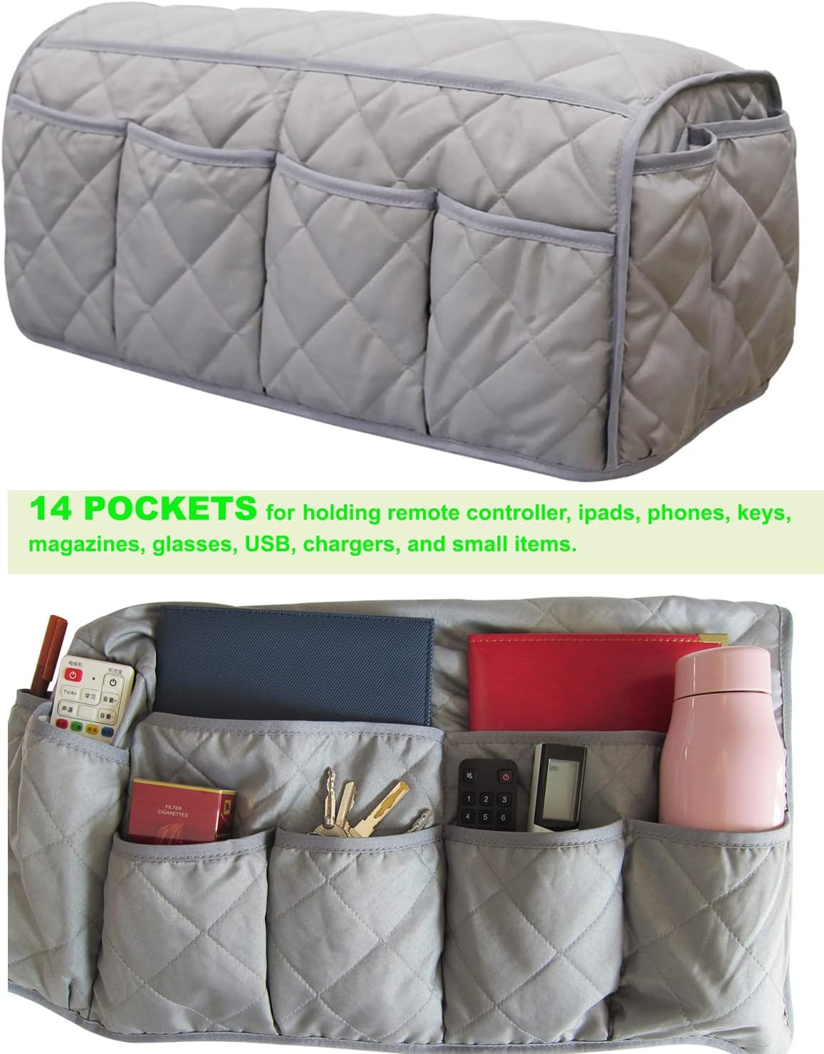 Sofa Armrest Organzier for Remote Control Holder with 14 Pockets for Recliner Organizer Armchair Caddy Organizer for Glasses Keys Phones ipads Storage, Gray