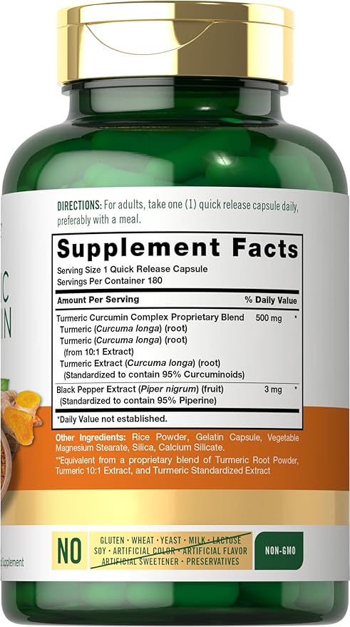 Carlyle Turmeric Curcumin Supplement 500 mg | 180 Capsules | with Black Pepper Extract | Non-GMO & Gluten Free