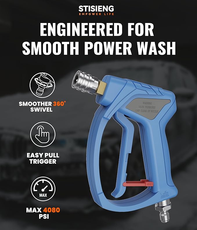 Short Pressure Washer Gun with 360° Swivel, High Pressure Stubby Power Washer Gun Kit with 5 Nozzle Tips, M22-14mm & 15mm Adapters, 3/8" QC for Car Wash Detailing & Cleaning (Blue)