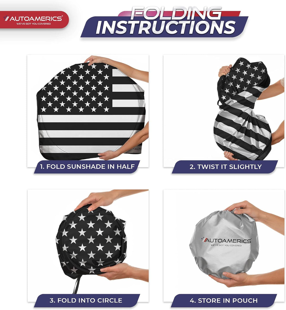 Autoamerics 1-Piece Windshield Sun Shade B&W American Flag USA Patriotic Design - Foldable Car Fits Easily to SUV & Truck Vehicles UV Ray Blocker Keeps Your Vehicle Cool Large