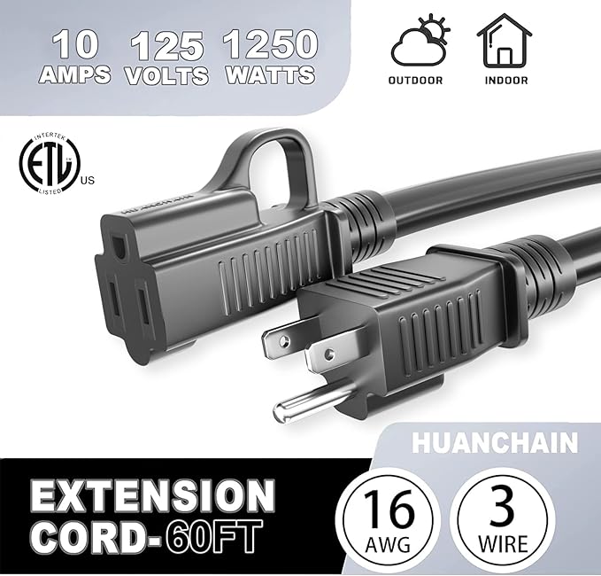 HUANCHAIN Indoor Outdoor Black Extension Cord 60 ft Waterproof, 16/3 Gauge Flexible Cold-Resistant Appliance Extension Cable Outside, 10A 1250W 16AWG SJTW, 3 Prong Electric Cord, ETL