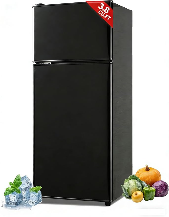 Refrigerator with Freezer 3.8 Cu.Ft Top-Freezer Compact Refrigerator Black | 7 Level Adjustable Thermostat Control, 2 Door, Lock Fresh, Energy Saving