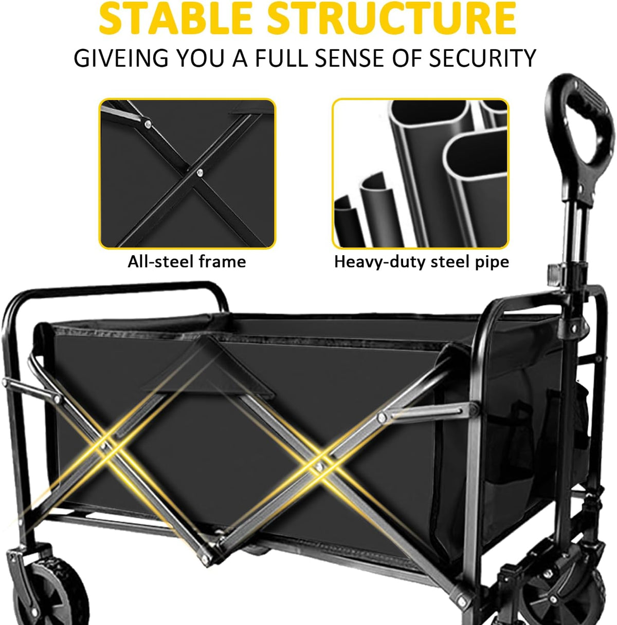 Heavy Duty Folding Wagon 320lbs Capacity, Reinforced Steel Frame Utility Cart with All-Terrain Quiet Wheels, Collapsible Outdoor Wagon for Camping, Gardening & Sports, Black