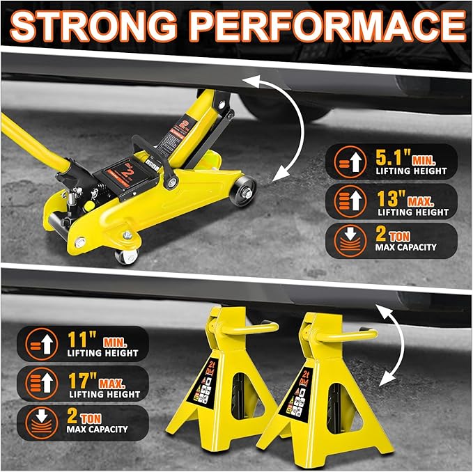 PM PERFORMOTOR Low Profile Hydraulic Trolley Service/Floor Jack Combo with 2 Ratchet Jack Stands, 2 Ton (4000 lbs) Capacity, Yellow,PM-TOL-FJ3P-YL