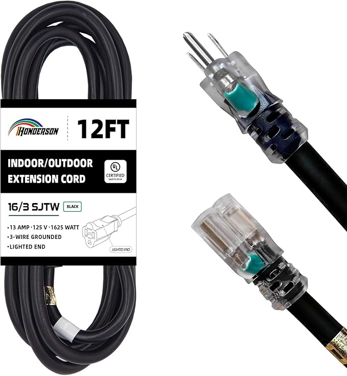 Indoor Outdoor Extension Cord Weatherproof with Lighted End, UL Certified, 16 Gauge 12FT Black 3 Prong Heavy Duty, 16/3 SJTW 13A Power Cord for Outdoor Lights, Lawn