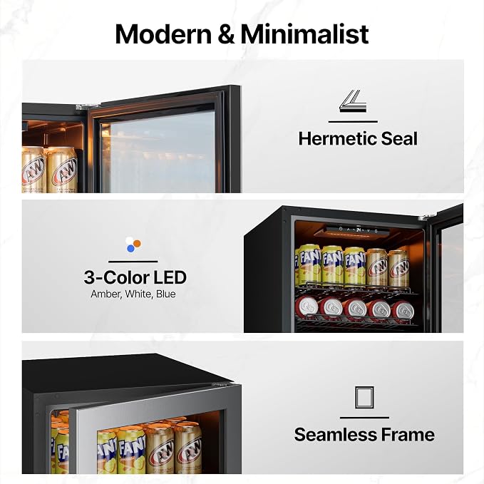 Ca'Lefort 85 Cans Mini Fridge, Beverage Refrigerator Cooler for Drink, Beer | 2.18 Cu.ft, Low-noise, Reversible Glass Door, 3-Color LED Lighting, Adjustable Shelves, 34℉ to 54℉