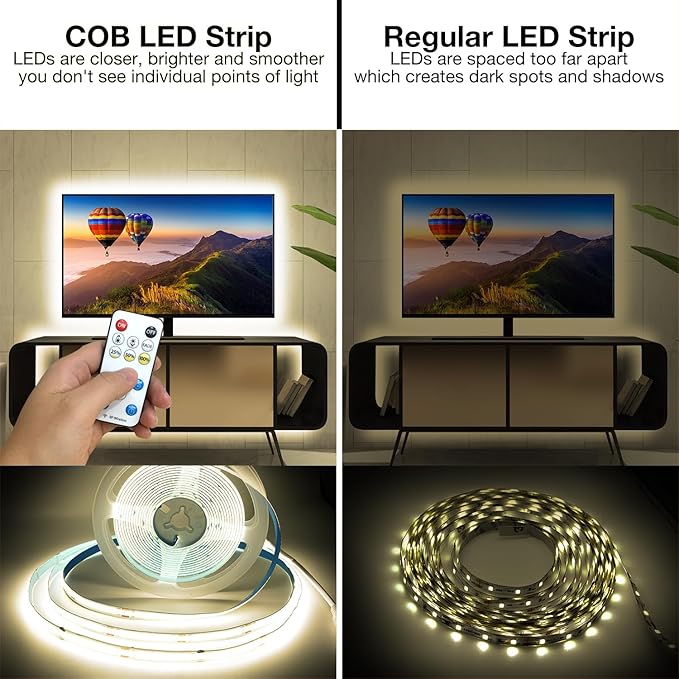 DAYBETTER COB LED Strip Light,LED Lights 32.8ft,Natural White 4000K Dotless Strip Lights,3200 LEDs Super Bright Dimmable 24V Flexible Tape Lights with Remote and App,Bedroom,Kitchen,Cabinets Lighting