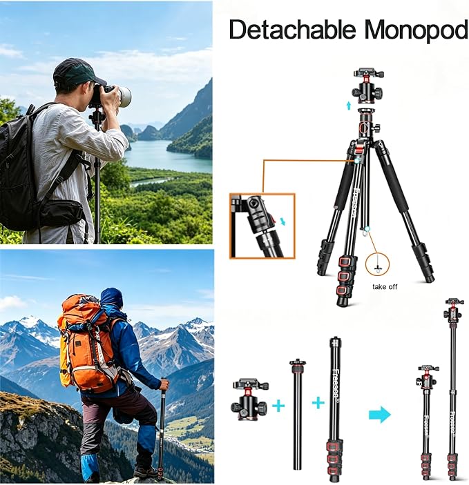 FreeSea 72 inch Camera Tripod, Transverse Center Column Aluminium DSLR Tripod
