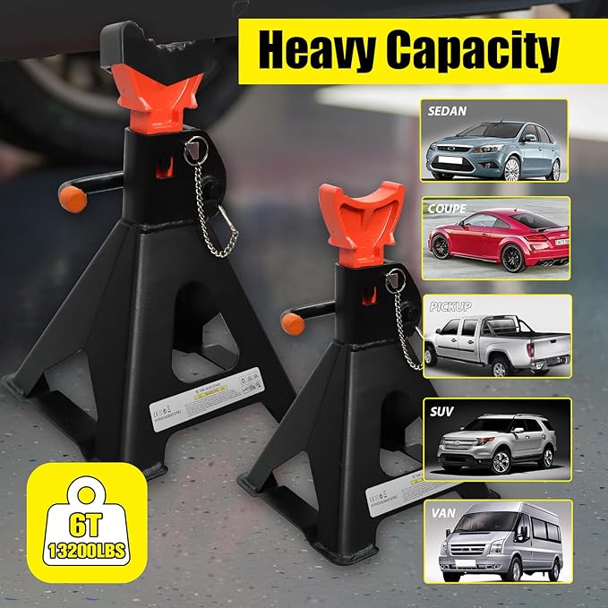 Upgraded Jack Stands 6 Ton (13,200 LBs) with 2 Crossbars and Double Pin Locking,Safe and Stable,Jack Stands 15.35"-22.05" Adjustable with Rubber Pads for Trucks,Home,Garage, SUV,Car,UTV/ATV,1 Pair