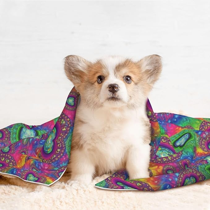 Reversible Plush Dot Pet Blanket for Dogs and Cats, Tie Dye Psychedelic Purple Love Heart, Ultra Soft Two Sided Design with Warm Fuzzy Side and Smooth Side for Comfort
