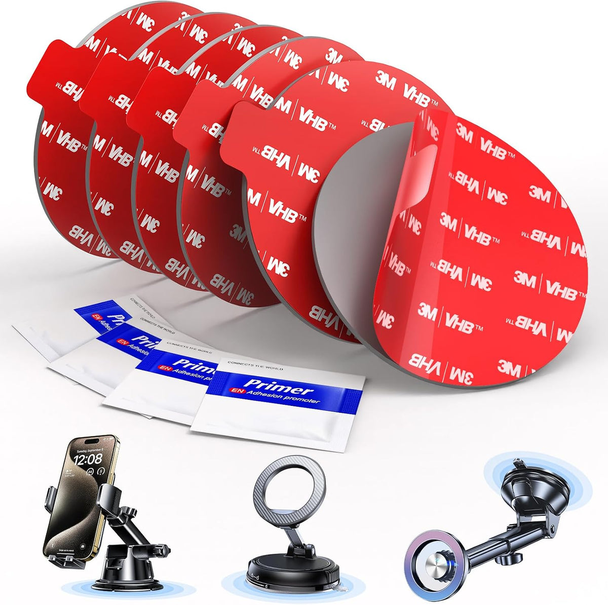 Sticky Adhesive Pad for Suction Cup: 6Pcs 3.15" Heat Resistant Double Sided Tape Replacement for Dashboard Car Mount, 80mm Round Sticker for Dash Windshield Phone Holder with Adhesion Promoter