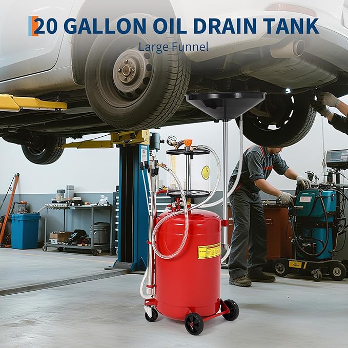 20 Gallon Waste Oil Drain Tank, Air Operated Portable Oil Drainer With Adjustable Funnel, Fluid Fuel Transfer Drainage With Wheels, Oil Change Container for Automotive Workshops