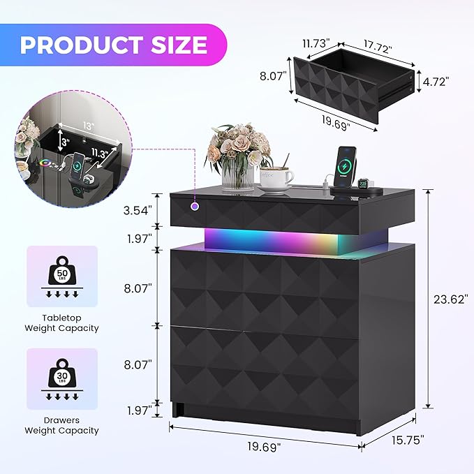 LED Nightstand with Charging Station,3 Drawers Night Stand with Lockable Hidden Storage,Smart Bedside Table with Human Sensor RGB Lights for Bedroom,Black