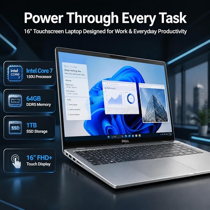 Dell 16 DC16251 Touchscreen Laptop, Intel 10-Core Core 7 150U (Up to 5.4 GHz), 16" FHD+ IPS 300 Nits Display, 64 GB DDR5 RAM, 1 TB SSD, Copilot AI, Fingerprint, Backlit KB, Wi-Fi 6E, Windows 11 Pro