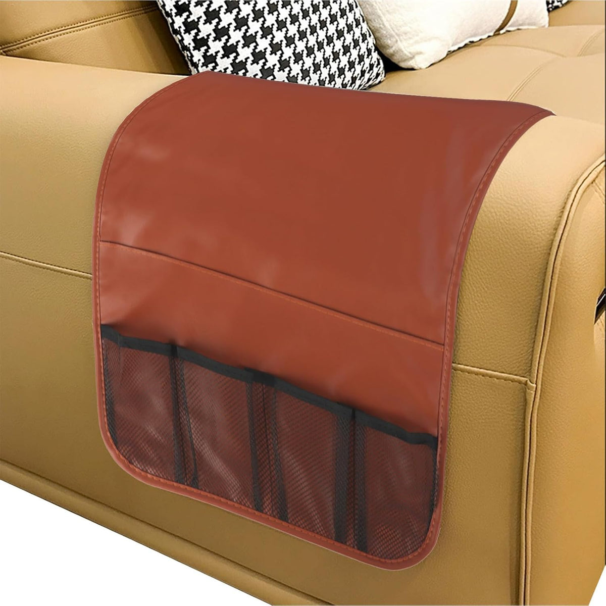 IPENNY No-Slip PU Leather Sofa Armrest Organizer, Remote Control Holder Arm Chair Beside Storage Bag for Recliner with 5 Pockets (Brown)